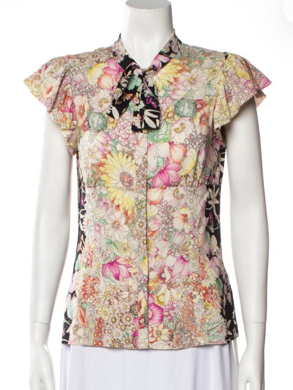 Gucci Silk Floral Tie-Neck Cap Sleeve Blouse - Pink Multi